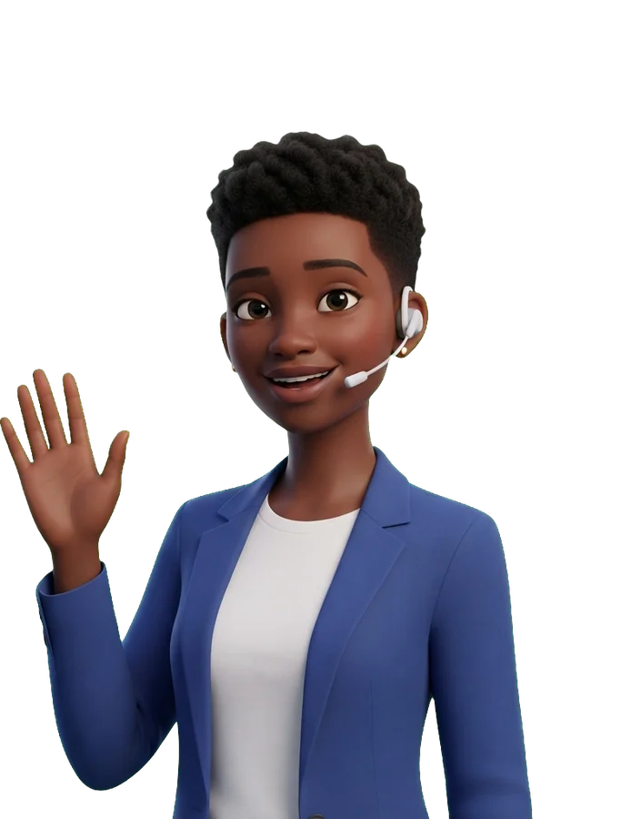 Ines, a host character in a blue blazer with a headset