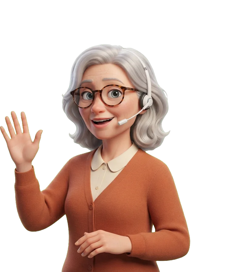 Ottilie, a host character with grey hair, glasses and a headset